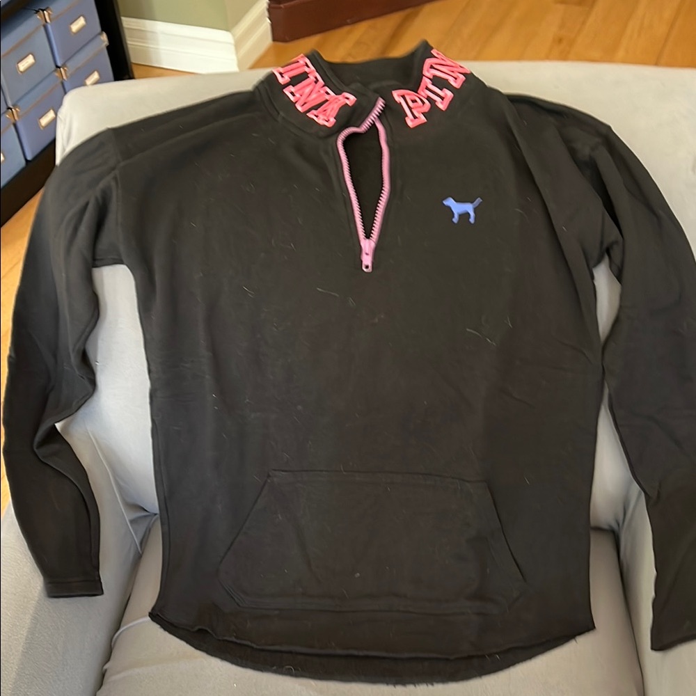 Black PINK Victoria's Secret Sweatshirt with Blue Dog Logo and PINK at neckline
